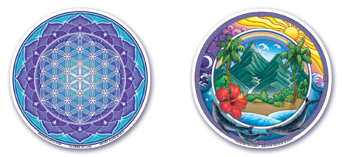 Flower of Life and Earth Island Window Stickers by Bryon Allen of Mandala Arts